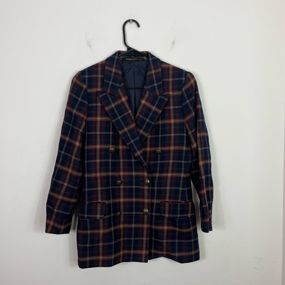 Vintage Marks & Spencer Navy Plaid Double Breasted Wool Jacket Sz 6P - Picture 1 of 13